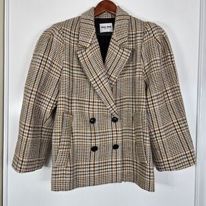 Miu Miu Oversized Double-breasted Check Wool-tweed Jacket Cocoa Brown Tartan Med